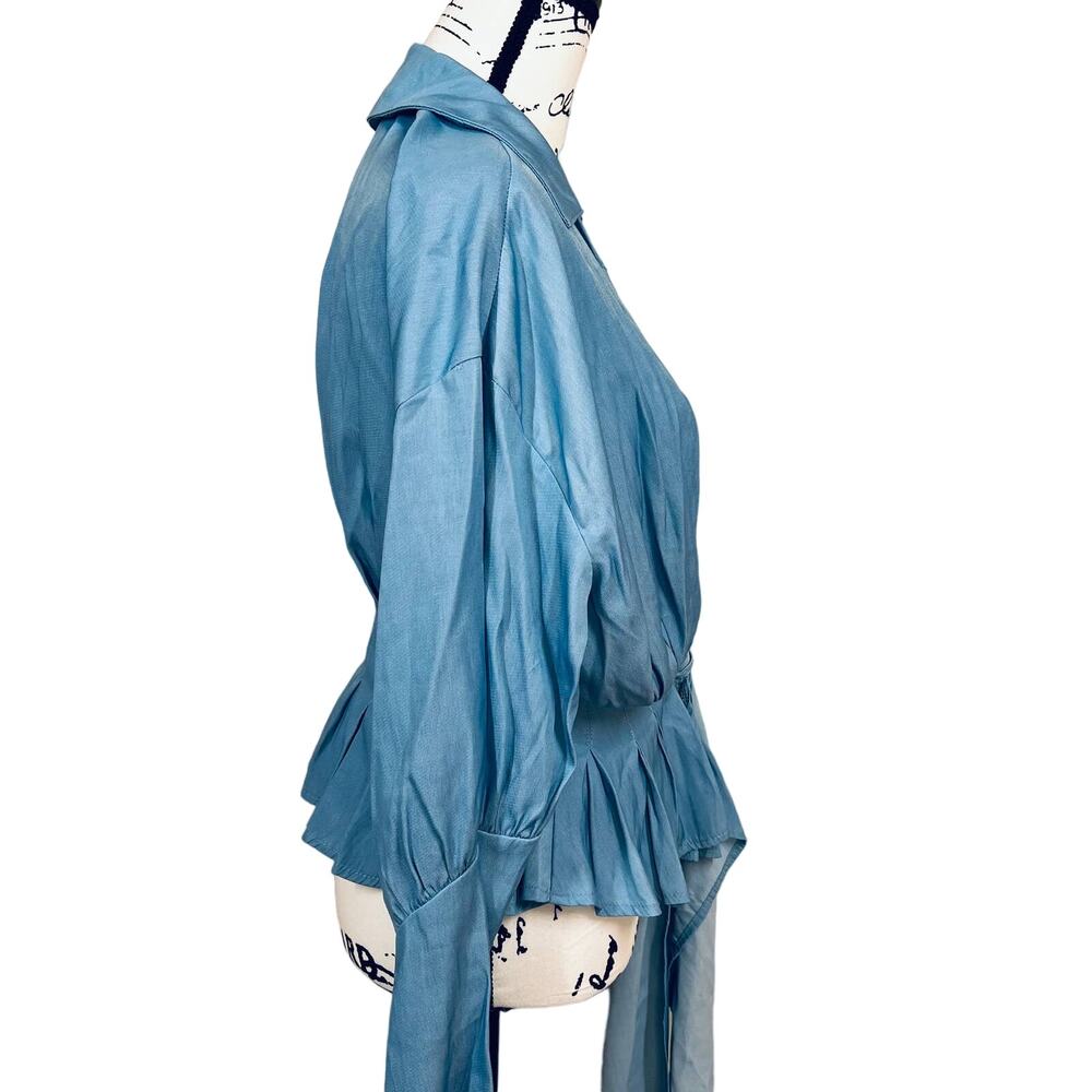 shein blue tie-front blouse features a draped, voluminous silhouette size L - Picture 9 of 13